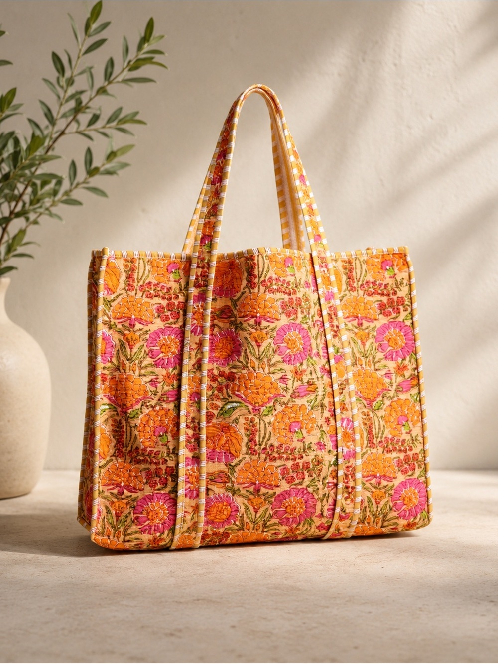 Floral Quilted Tote Bag - Pink & Orange